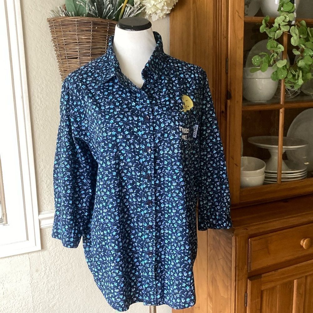 Vintage Looney Tunes 100% Cotton Y2K Disty Print Button Down Shirt Size 14/16 - Picture 2 of 10